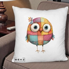 Perna Decorativa Pasare Patchwork Colorata, 40x40 cm, Alb Pufos, Husa Detasabila, Perna Inclusa, BEKZ®