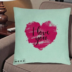 Cadou Romantic - Perna Personalizata I Love You Inima Roz, 40x40 cm, Verde Menta, Husa Detasabila, Perna Inclusa, BEKZ®