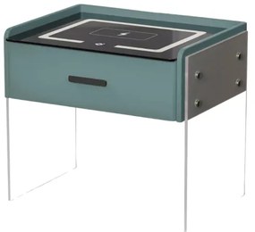 Noptieră inteligentă cu &icirc;ncărcare wireless, iluminare LED, 1 sertar de depozitare &ndash; verde, design modern din sticlă și lemn