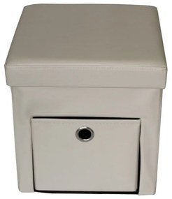 Taburet cu cutie de depozitare si sertar HouseXL™ 6100, Dimensiuni 38X38X38cm, Max 150 kg, Capac moale din piele ecologica, Beige