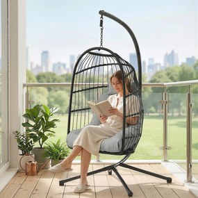 Outsunny Scaun suspendat tip ou cu suport Coș Pliabil Pernă Tetieră Înălțime Reglabilă și Frânghie Capacitate 120 kg Gri deschis | Aosom Romania