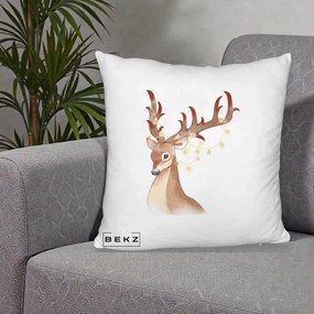 Perna Decorativa Ren cu Luminite de Craciun, 40x40 cm, Alb Pufos, Husa Detasabila, Perna Inclusa, BEKZ®