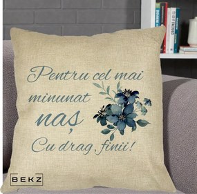 Cadou pentru Nas - Perna Personalizata Pentru Cel mai Minunat Nas Cu drag Finii, 40x40 cm, Crem, Husa Detasabila, Perna Inclusa, BEKZ®