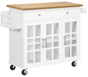 HOMCOM Cărucior de bucătărie cu roți Insulă de bucătărie cu 2 sertare 3 uși din sticlă securizată suport prosop 124,5x39,5x90 cm Alb | Aosom Romania