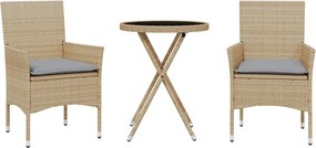 vidaXL Set bistro cu perne, 3 piese, bej, poliratan și sticlă