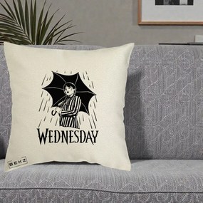 Perna Personalizata Wednesday cu Umbrela Ploaie Lineart, 40x40 cm, Ecru, Husa Detasabila, Perna Inclusa, BEKZ®