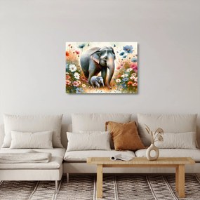 Tablou pe sticlă - Mama elefant, acuarelă (70x50 cm)