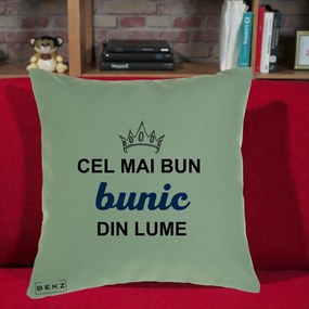 Cadou pentru Bunic - Perna Personalizata Cel Mai Bun Bunic Din Lume Coroana Albastra, 40x40 cm, Verde, Husa Detasabila, Perna Inclusa, BEKZ®