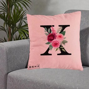 Cadou Personalizat - Perna Personalizata Monograma Florala Litera X cu Buchet, 40x40 cm, Roz, Husa Detasabila, Perna Inclusa, BEKZ®