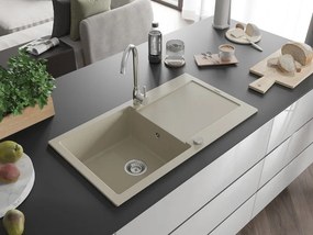 Mexen Leo chiuvetă de bucătărie din granit cu 1 compartiment cu scurgător 900 x 500 mm, bej, sifon crom - 6501901010-69