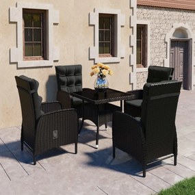 3058528 vidaXL Set mobilier grădină, 5 piese, negru, poliratan și sticlă