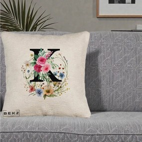 Cadou Personalizat - Perna Personalizata Monogram Litera K cu Flori Acuarela, 40x40 cm, Bej Canapea, Husa Detasabila, Perna Inclusa, BEKZ®