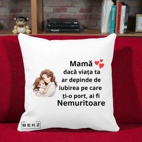 Cadou pentru Mama - Perna Personalizata Mama Nemuritoare cu Balon Inima, 40x40 cm, Alba Mata, Husa Detasabila, Perna Inclusa, BEKZ®