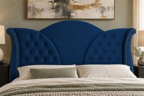 Pat tapițat Chesterfield din catifea Velora Deluxe Classic 160×200 cm, bleumarin, cu ladă de depozitare
