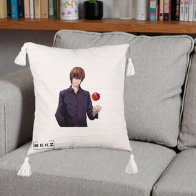 Perna Personalizata Death Note Light Yagami cu Mar, 40x40 cm, Bej cu Franjuri, Husa Detasabila, Perna Inclusa, BEKZ®
