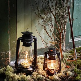 Felinar vintage negru cu petrol, din metal și sticlă, cu detalii aurii, capac de siguranță și fitil inclus, „Hurricane Lantern Black Large"
