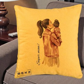 Cadou pentru Mama - Perna Personalizata Super Mom Jachete Roz, 40x40 cm, Galben, Husa Detasabila, Perna Inclusa, BEKZ®