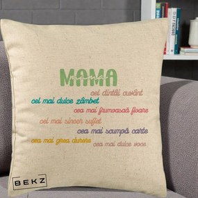 Cadou pentru Mama - Perna Personalizata Mama Cel Dintai Cuvant cu Text Colorat Multicolor, 40x40 cm, Bej, Husa Detasabila, Perna Inclusa, BEKZ®