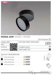 Spot LED aplicat directionabil de tavan/plafon MONA 12W 3000K negru