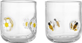Set 2 pahare din sticlă transparentă cu albine și margarete, D8×H9 cm, 300 ml, „Buzz"