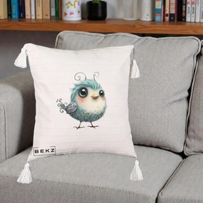 Perna Decorativa Pui Teal cu Aripioare Ornamentale, 40x40 cm, Bej cu Franjuri, Husa Detasabila, Perna Inclusa, BEKZ®