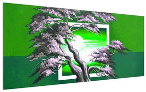 Tablou verde cu copac și răsărit de soare (120x50 cm), în 40 de alte dimensiuni noi