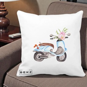 Perna Decorativa Scuter Albastru cu Flori Acuarela, 40x40 cm, Alba Mata, Husa Detasabila, Perna Inclusa, BEKZ®