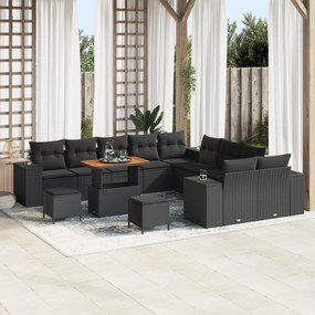 vidaXL Set de canapea pentru grădină, 13 piese, perne incluse, negru, din poly rattan, cu acacia.