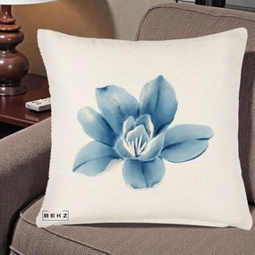 Perna Decorativa Magnolie Albastra Acuarela, 40x40 cm, Crem Reliefat, Husa Detasabila, Perna Inclusa, BEKZ®