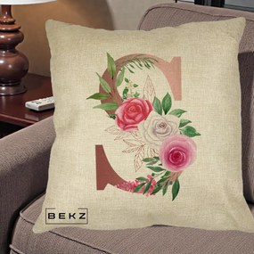 Cadou Personalizat - Perna Personalizata Monograma Rose Gold Litera S, 40x40 cm, Crem, Husa Detasabila, Perna Inclusa, BEKZ®