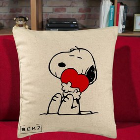 Perna Personalizata Snoopy cu Inima, 40x40 cm, Bej, Husa Detasabila, Perna Inclusa, BEKZ®