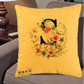 Cadou Personalizat - Perna Personalizata Monogram Litera S cu Flori Acuarela, 40x40 cm, Galben, Husa Detasabila, Perna Inclusa, BEKZ®