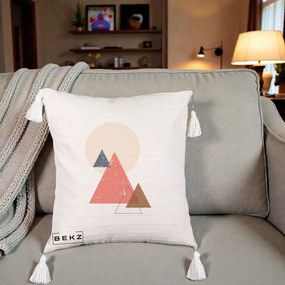 Perna Decorativa Geometric Munti si Soare, 40x40 cm, Bej cu Franjuri, Husa Detasabila, Perna Inclusa, BEKZ®