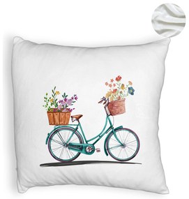 Perna Decorativa Fluffy, Model Bicicleta Floarala, 40x40 cm, Alba, Husa Detasabila, Burduf