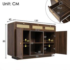 Comodă bufet, 3 sertare + 2 dulapuri cu raft central deschis și fețe din ratan, 120x40x85 cm, Maro