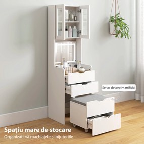 HOMCOM Stație de Machiaj cu Lumini LED în 3 Culori, Oglindă Rabatabilă, Scaun Ascuns, Măsuță de Machiaj cu Scaun Îmbunătățit, 3 Sertare, Compartiment, Dulap cu Uși din Sticlă, Modern, Alb | Aosom Romania