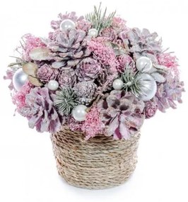 Decoratiune Craciun, cos cu flori si con de brad, roz, 17.5x19 cm