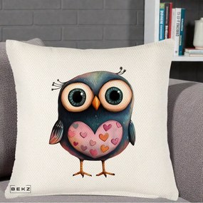 Perna Decorativa Bufnita cu Inimioare Roz, 40x40 cm, Crem Reliefat, Husa Detasabila, Perna Inclusa, BEKZ®