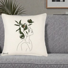 Perna Decorativa Portret Feminin Crin Verde, 40x40 cm, Crem Reliefat, Husa Detasabila, Perna Inclusa, BEKZ®