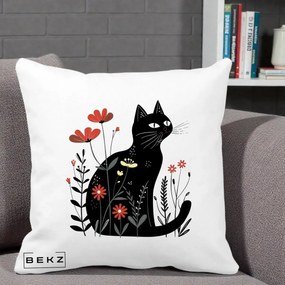 Perna Decorativa Pisica Neagra Flori Rosii Folk, 40x40 cm, Alba Mata, Husa Detasabila, Perna Inclusa, BEKZ®