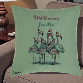 Perna Decorativa Flamingo Craciun Sarbatoarea Familiei, 40x40 cm, Verde, Husa Detasabila, Perna Inclusa, BEKZ®