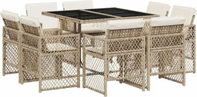 vidaXL Set de masă pentru grădină, 9 piese, cu perne, bej, poliratan