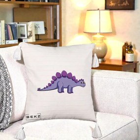 Perna Personalizata Stegozaur Mov, 40x40 cm, Bej cu Franjuri, Husa Detasabila, Perna Inclusa, BEKZ®