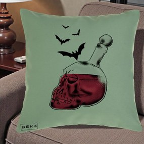 Perna Decorativa Halloween Craniu-Sticla cu Lilieci, 40x40 cm, Verde, Husa Detasabila, Perna Inclusa, BEKZ®