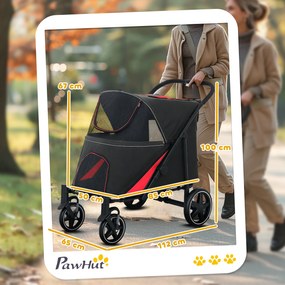 PawHut Cărucior Pliabil pentru Câini cu 4 Roți, Intrări cu Fermoar și Ferestre din Plasă, 112x65x100 cm, Negru | Aosom Romania