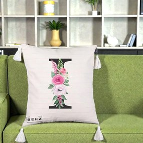 Cadou Personalizat - Perna Personalizata Monograma Florala Litera I, 40x40 cm, Bej cu Franjuri, Husa Detasabila, Perna Inclusa, BEKZ®