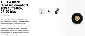 Spot LED incastrabil TULIPA Black recessed downlight 10W 15° 3000K CRI90 triac