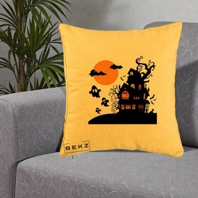 Perna Decorativa Halloween Casa Bantuita cu Fantome, 40x40 cm, Galben, Husa Detasabila, Perna Inclusa, BEKZ®