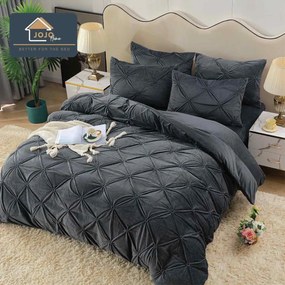 Lenjerie de pat din catifea, cu pliuri, 4 piese, pat 2 persoane, negru, LCPJ-06