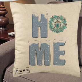 Perna Decorativa HOME Iarna cu Coroana, 40x40 cm, Bej, Husa Detasabila, Perna Inclusa, BEKZ®